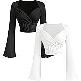 SweatyRocks Women's 2 Pack Wrap V Neck Bell Sleeve T Shirts Ruched Crop Fitted Ribbed Knit Tee Tops