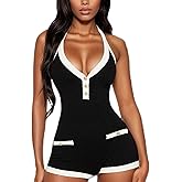Mandonce Sexy Jumpsuit Cutout One Piece Sleeveless V Neck Backless Button Down Hanging Neck Shorts Jumpsuit Stylish Clubwear