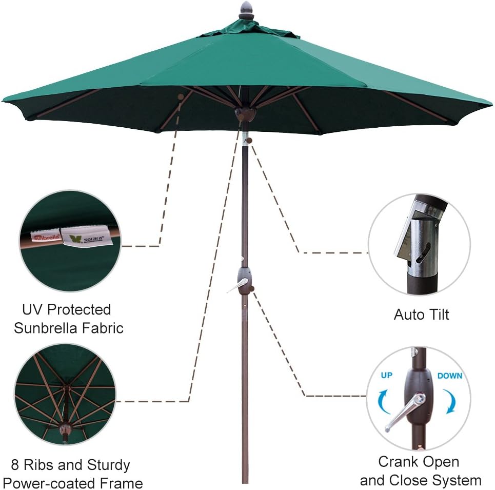 Amazon Com Sorara Sunbrella Patio Umbrella 9 Feet Outdoor Market Table Umbrella With Auto Tilt Crank Umbrella Cover 8 Ribs Canvas Forest Green Garden Outdoor