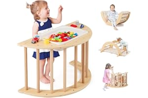 Costzon Kids Wooden Arch Rocker with Cushion, 6-in-1 Montessori Climbing Toys for Toddlers, Arch Climber Ladder Learning Play