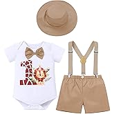 IBTOM CASTLE Baby Boy First Birthday Outfit Safari Jungle Short Sleeve Bowtie Romper Suspenders Shorts Hat Cake Smash Set