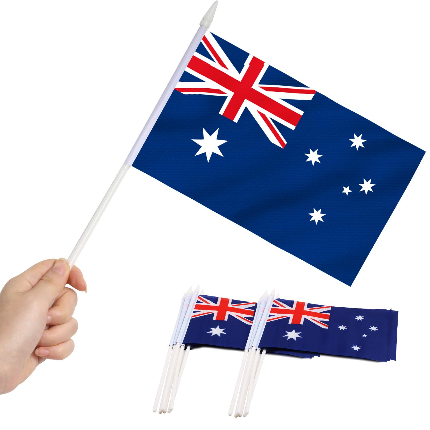 Australia Stick Flag, ANLEY Australian 5x8 inch HandHeld Mini Flag With 12" White Solid Pole - Vivid Color and Fade Resistant - Hibernian 5 x 8 inch Hand Held Stick Flags With Spear Top (1 Dozen)