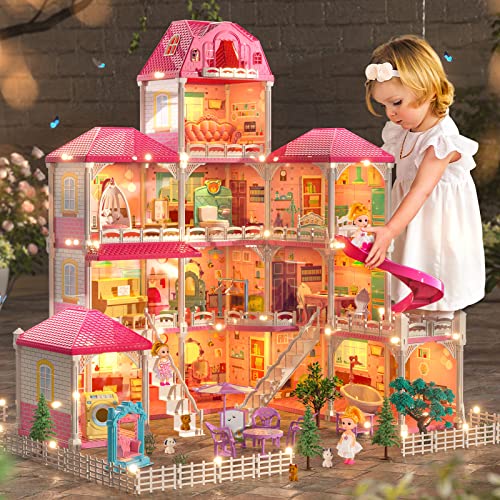 TEMI Doll House Girls Toys 4Story 12 Rooms Playhouse with 2 Dolls