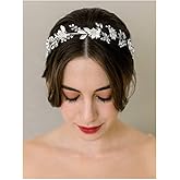 SWEETV Handmade Bridal Headband Silver Wedding Hair Accessories for Brides Hair Pieces Floral Wedding Headpieces for Flower Girl Bridesmaid