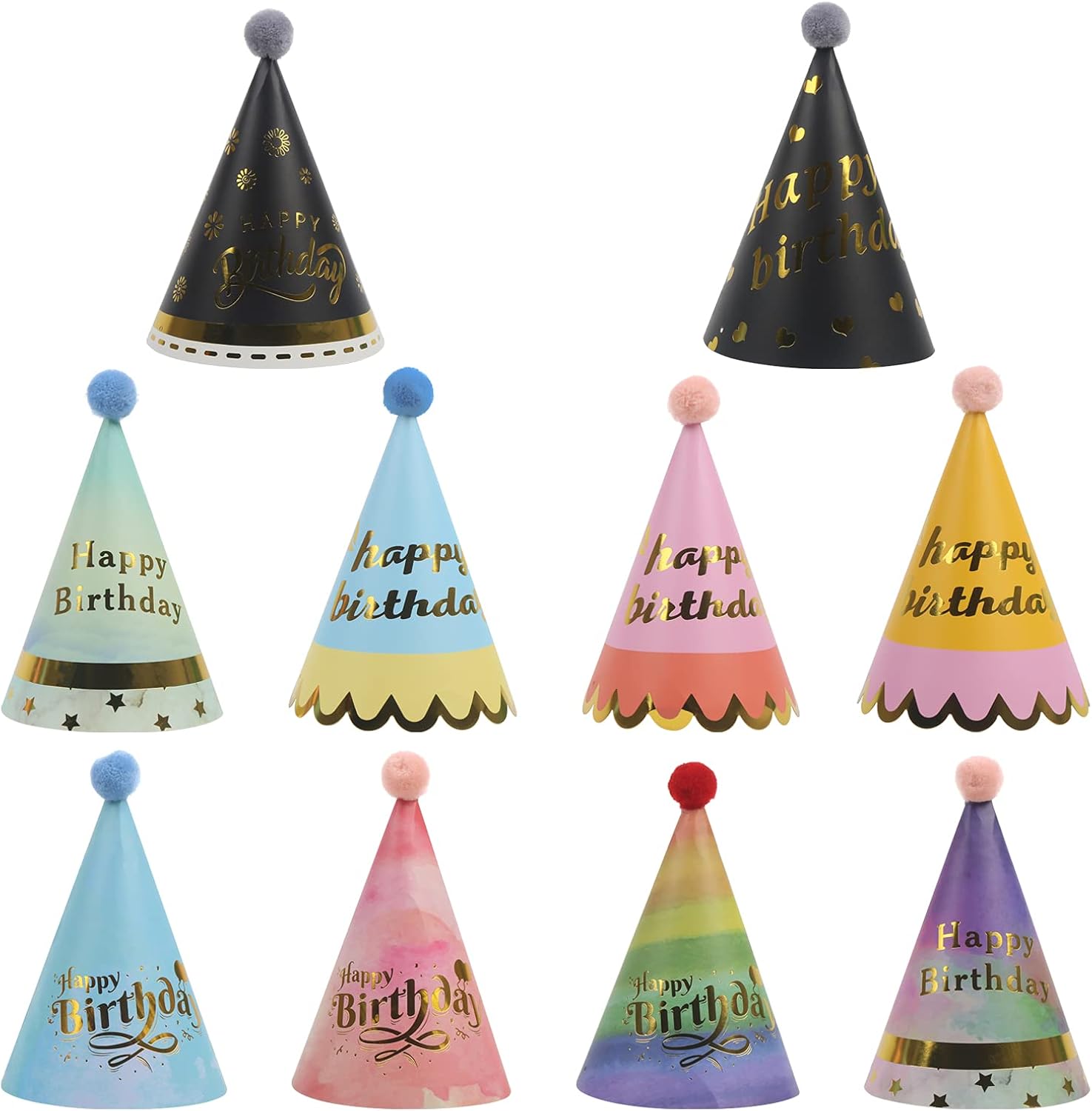 DIYASY Kids Birthday Party Hats, 10 PCS Colorful Party Cone Paper Hats with Pom Poms for Kids Party Decorations Supplies Rainbow: Clothing