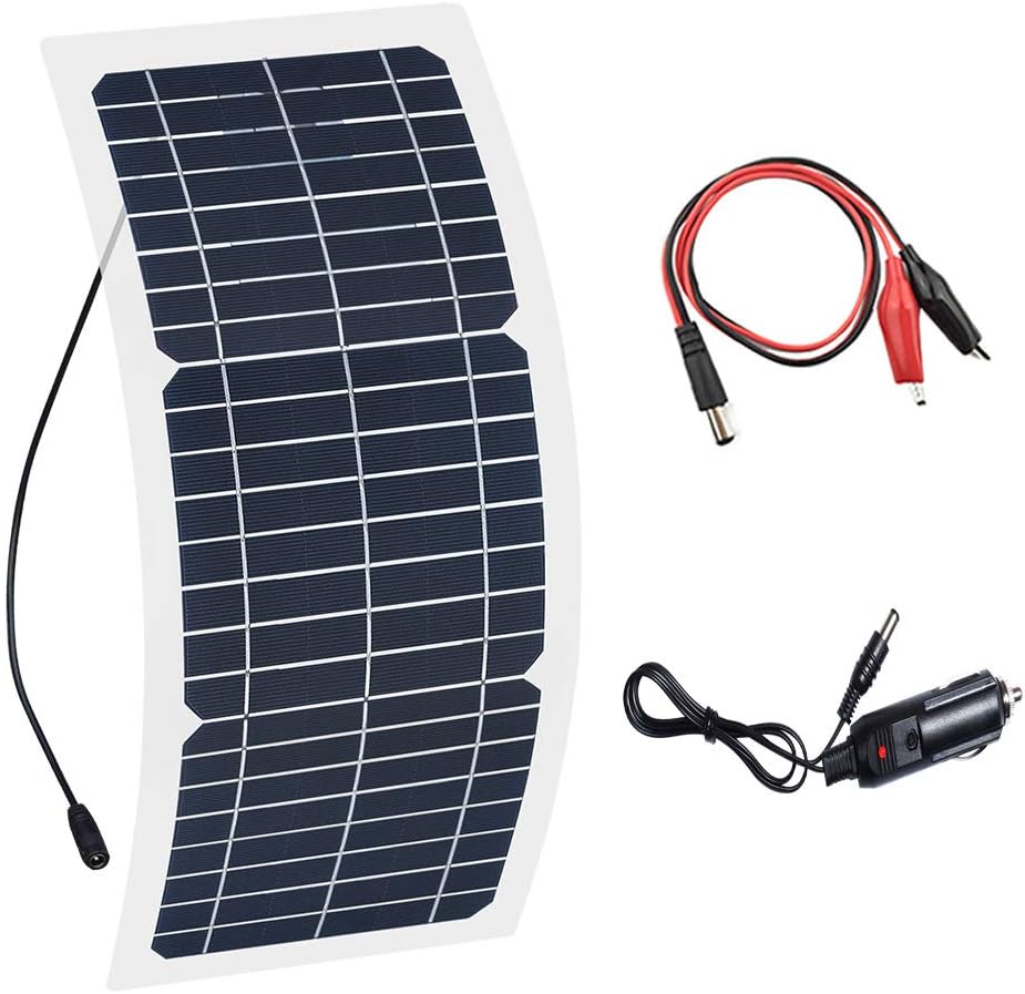 XINPUGUANG 10W 12V Flexible Solar Panel Monocrystalline Photovoltaic PV Module with DC Alligator Clip Cable for RV Boat Cabin Tent Car Trucks Trailers