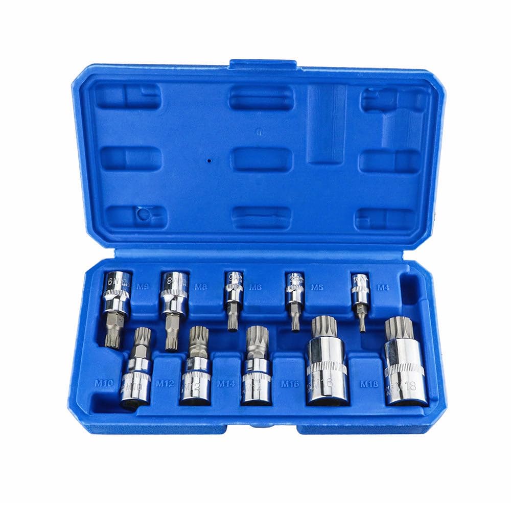 Spline Bit Socket Set 10pcs, 1/4", 3/8" & 1/2" Drive Triple Square Bits XZN Spline Sockets M4 - M18, S2 Steel and Chrome Vanadium Steel Made
