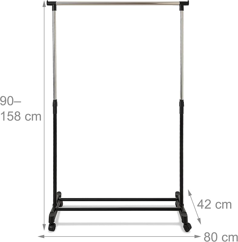 Cabide, ajustável de 90 a 158 cm, com rodas, prateleira, até 15 kg, suporte de roupa, prateado/preto