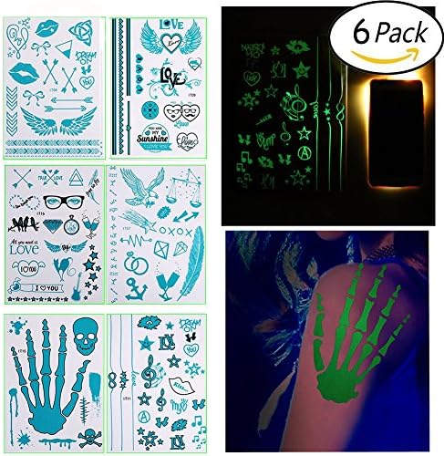 Glow in The Dark Temporary Tattoos,Gloween Fake Tattoo Paper,Halloween Birthday Party Favors, Individual Styles Available and Fashionable Temporary Fake Shimmer Jewelry Tattoo for Adult,Kids