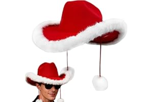 Red Cowboy Hat for Women | Santa Claus Headwear - Custom Christmas Hat with White Plush Trim | for Western Kids Adults Party