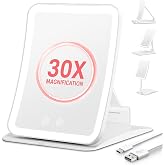 Auxmir 30X Magnifying Travel Makeup Mirror, 2000mAh Rechargeable Mirror | 3 Light Colors With 64 Leds, Touch Dimming, Compact Portable Foldable, Adjustable Height &amp; Angle, 30X Magnification, White