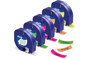 LABEL KINGDOM 5 Pack Compatible with Dymo Letratag Label Maker Refills 12mm x 4m(1/2" x 13') for Labeler Letra Tag 200B LT 100H 100T Plus, Replacment for Dymo Label Tape Colored Plastic Label Maker Tape