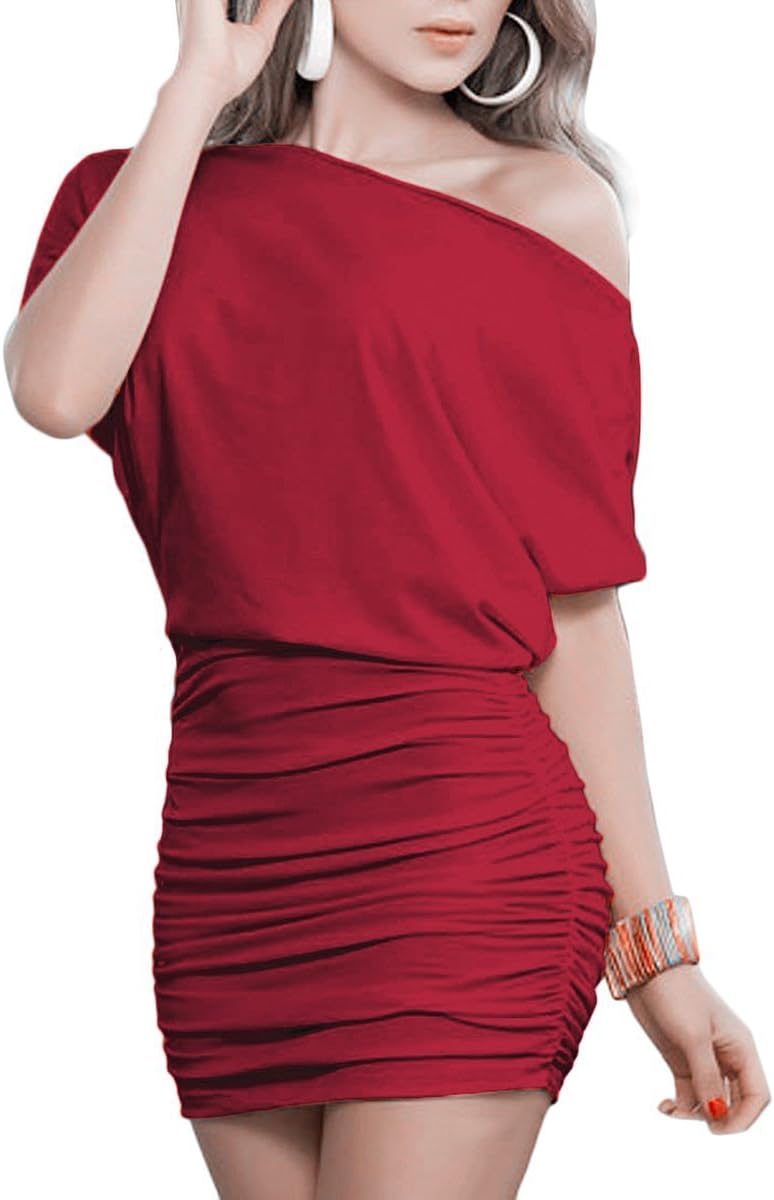 Women Sexy Off Shoulder Short Sleeve Mini Pleated Dress