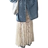 Naileksi Women Tiered Sheer Lace Maxi Skirt Elastic Waist High Rise Flowy A-Line Sexy See Through Long Skirt Clubwear