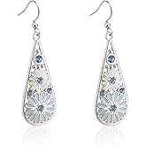 1 Pair of Bohemian Teardrop Earrings, Enamel Flower Hook Earrings Western Country Leather Vintage Handmade Drop Dangle with Rhinestone for Women Daily or Party Wear Accessories (Sky-Blue)