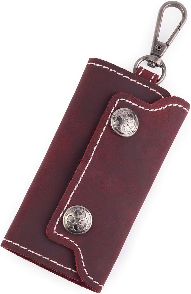 Slim Compact Leather Key Holder Wallet Pouch Retro Genuine Leather Handmade Three-Fold Keychain Key Case Bag Leather Car Key Case with 6 Hooks Hook Men Women (Dark Red)