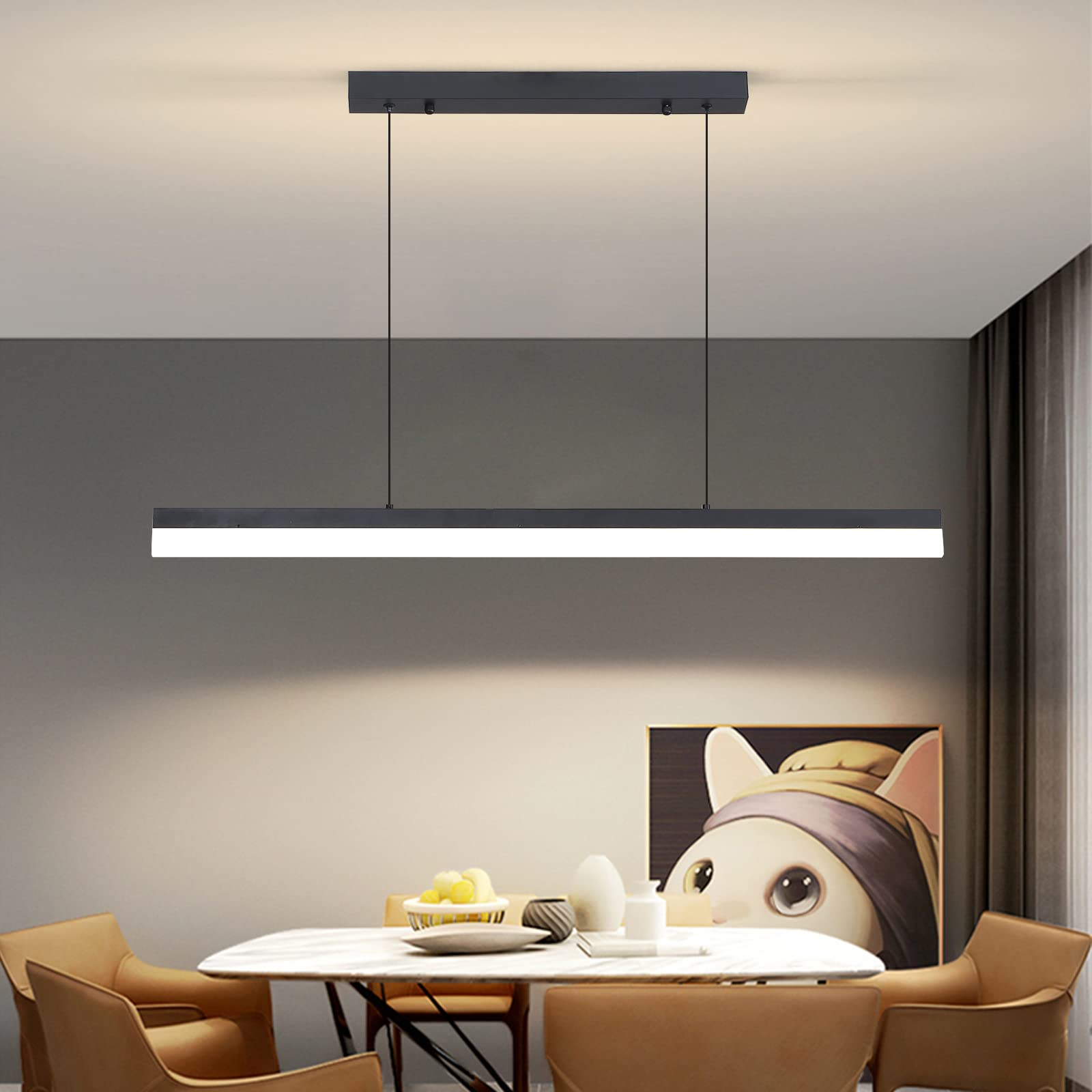 Mikeru 120cm Modern LED Pendant Light, Kitchen Island Lights 10% to 100% Dimmable Dining Linear Ceiling Lighting 3000k/4500k/6000k 3 Color with Memory Function for Bedroom, Living Room