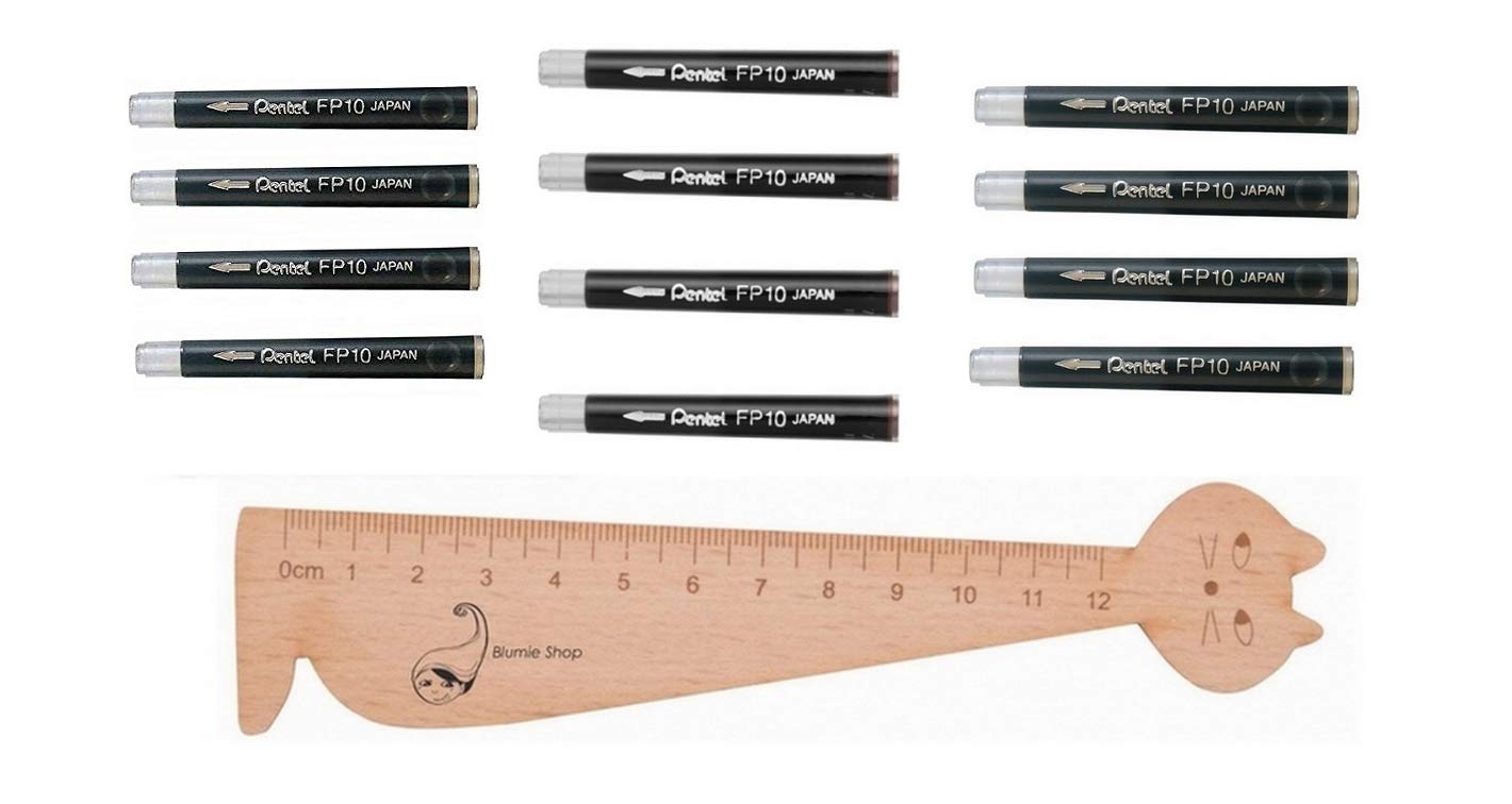 Blumie Shop Pack of 12 Pocket Brush Cartridges 4 Black, 4 Sepias and 4 Grey + 1 Blumie Wooden Page Marker Ruler