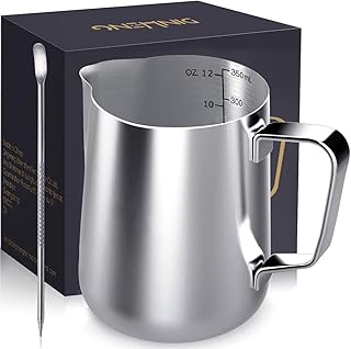 Milchkännchen,DINGHENG Milk Pitcher 350ml / 12 fl.oz. Milchkanne aus Edelstahl Milch Aufschäumen Krug Art Aufschäumkännchen＋ Latte Art' Pen / Barista Stift, Silber