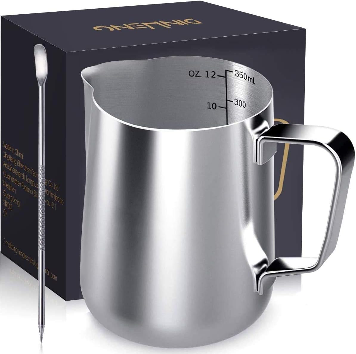 Milchkännchen,DINGHENG Milk Pitcher 350ml / 12 fl.oz. Milchkanne aus Edelstahl Milch Aufschäumen Krug Art Aufschäumkännchen＋ Latte Art' Pen / Barista Stift, Silber