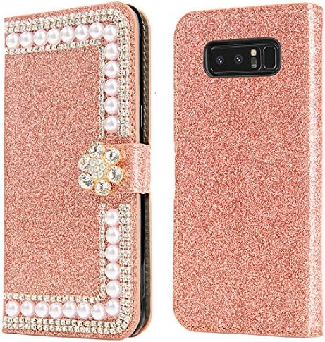 Samsung Galaxy Note 8 Case, Diamond Bling Shiny Shining [Extremely Sparkly] Luxury Jewel Crystal Girls Women Case Leather Wallet Flip Kickstand Case for Galaxy Note 8 (Flower-Orange)