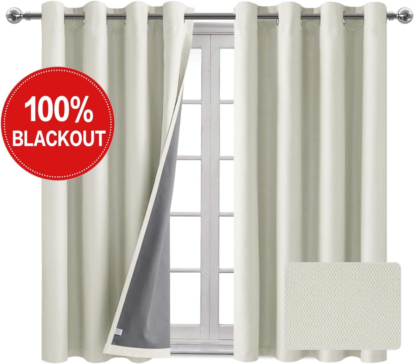 DWCN Faux Linen 100% Blackout Curtains with Thermal Back Coating - Insulated Curtains for Living Room and Bedroom, 52 x 45 inch Length, Set of 2 Ivory Curtain Panels