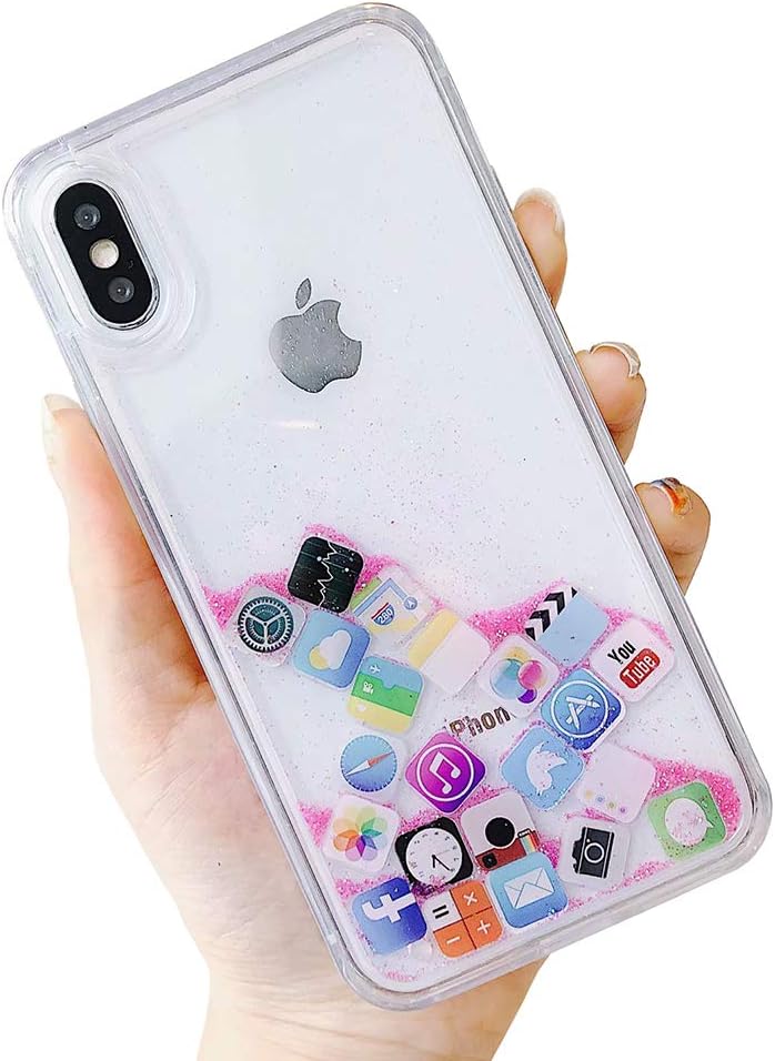 Skoveph Liquid Glitter Case Compatible with iPhone XR, Hard Back Colorful Bling Quicksand with ios icon Apple APP Shine Phone Case (iPhone XR, Pink Glitter)