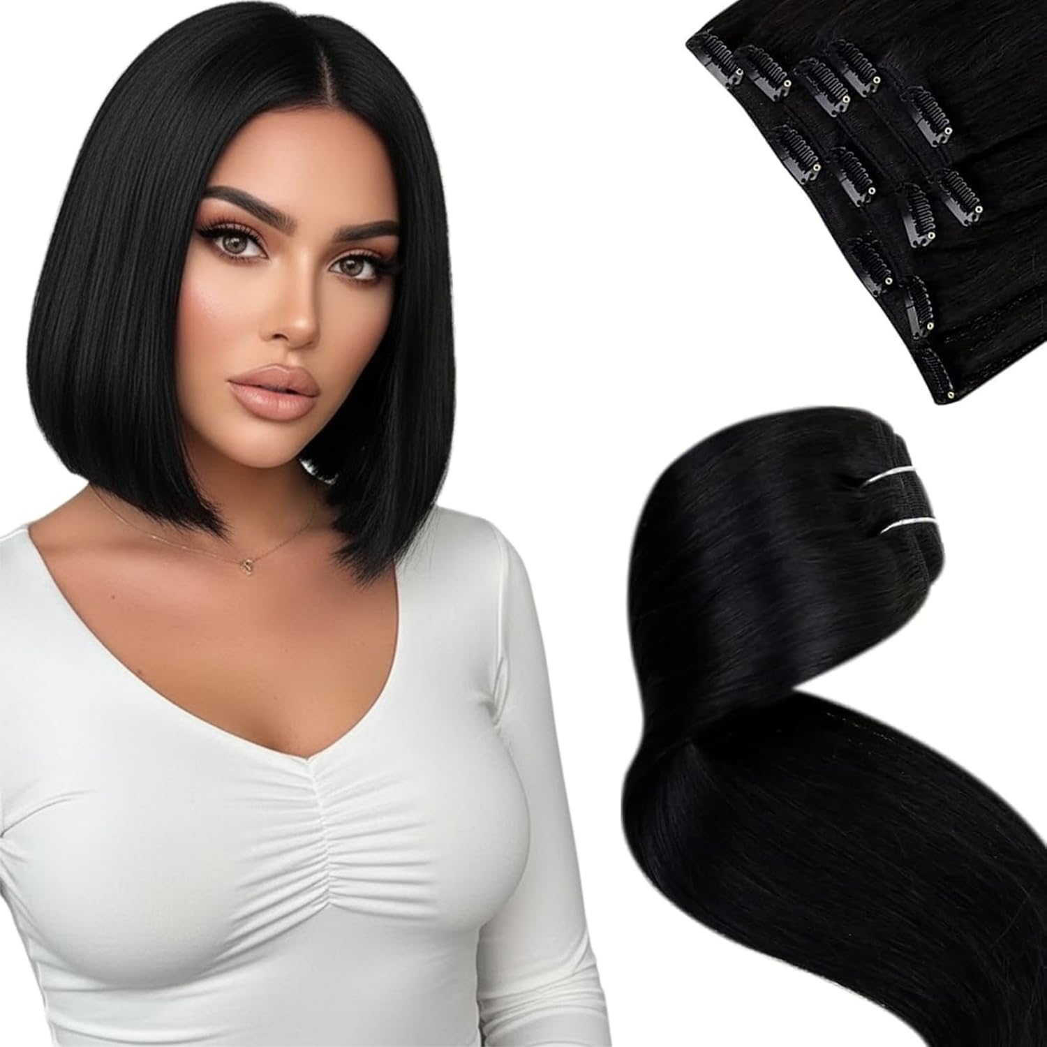 LaaVoo Black Hair Extensions Clip in Clip in Hair Extensions Real Human Hair Natural Black Remy Straight Hair Full Head Double Weft 80g 5pcs 12 Inch #1