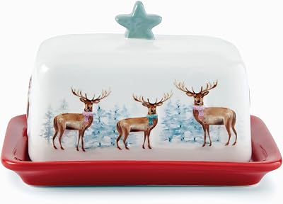 Cooksmart Christmas Ceramic Butter Dish with Lid Large Stag Animal Print Kitchen