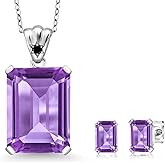 925 Sterling Silver Purple Amethyst and Black Diamond Pendant and Earrings Jewelry Set For Women (16.07 Cttw, Gemstone February Birthstone, Emerald Cut 18X13MM and 6X4MM, with 18 Inch Chain)