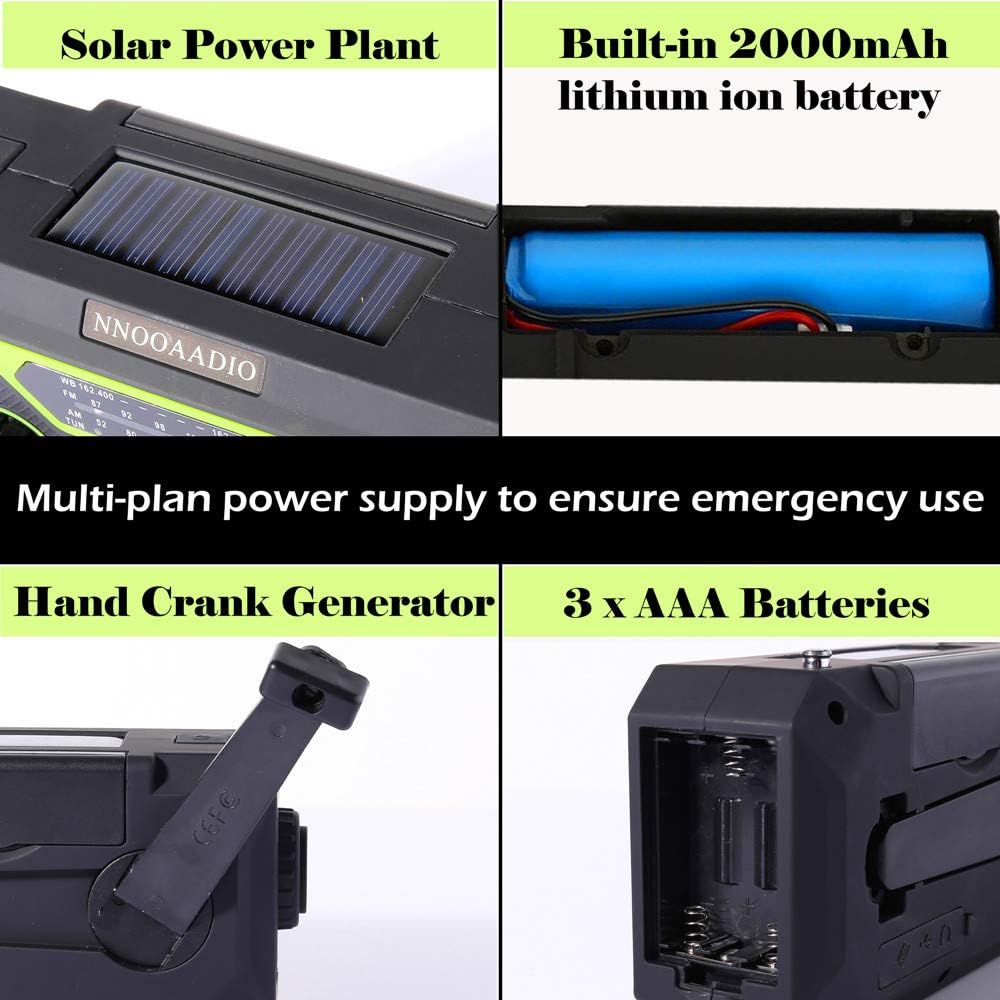 NNOOAADIO Emergency Weather Radio, Hand Crank Solar Battery Operated Survival NOAA AM FM Radio Portable with Flashlight Kit, Built-in SOS Alarm Reading Lamp 2000mAh Power Bank & USB Charger: Home Audio & Theater