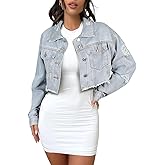 andy & natalie Women's Cropped Jean Jacket Fashion Frayed Hem Denim Jacket Long Sleeve Dressy Button Down Outfit Jackets