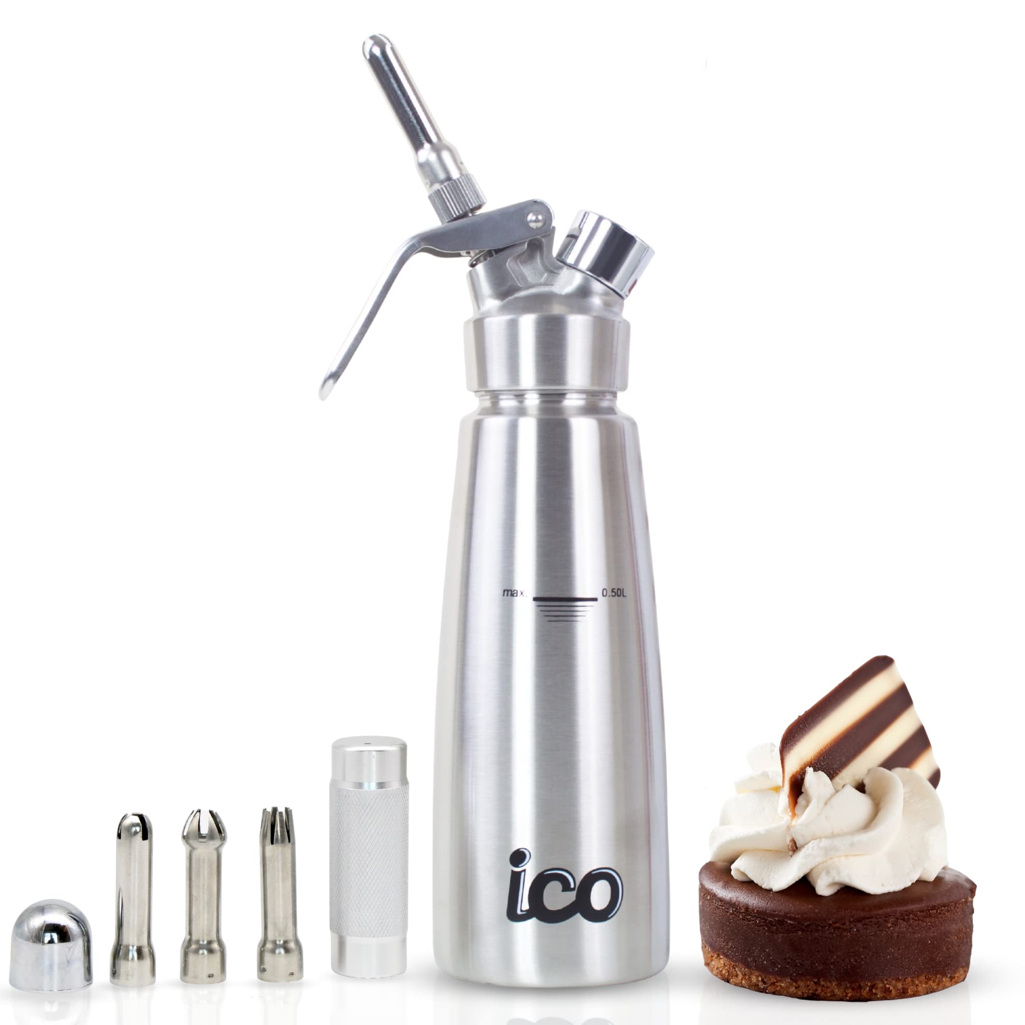 ICO Stainless Steel Whipped Cream Dispensers 500ml/1-Pint, Professional Whipped Cream Maker for Creams and Foams - Cream Whipper Compatible with Cream Chargers