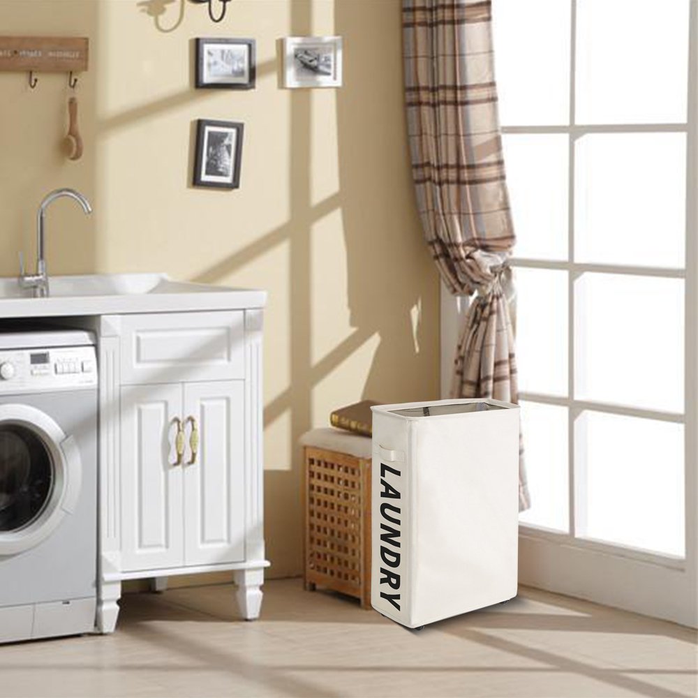 XIFIRY Slim Rolling Laundry Hamper Collapsible Thin dirty Laundry Basket Foldable Dirty Clothes Sorter and Organizer with wheels (Beige)