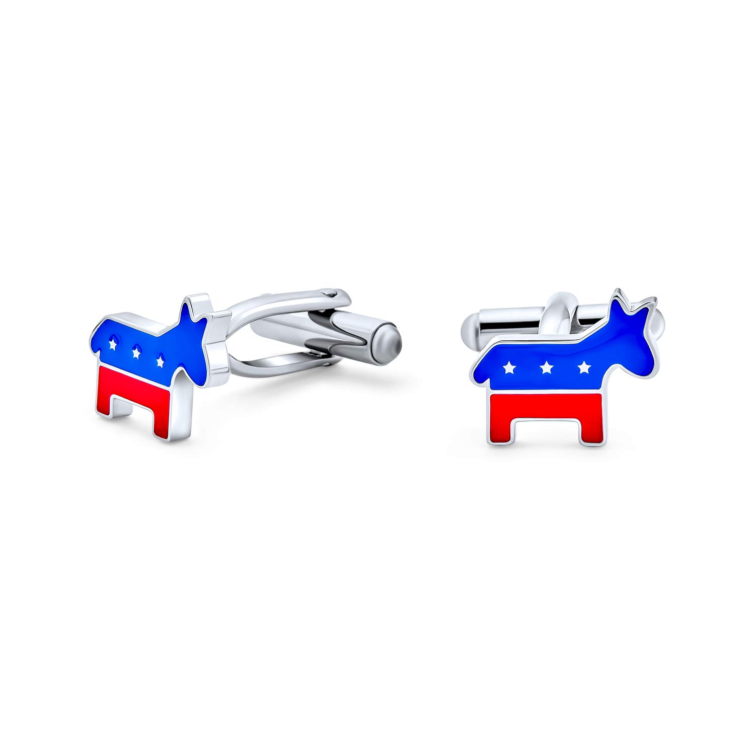 Patriotic American USA Red White Blue Animal Donkey Shirt Cufflinks For Men Symbol of Democrat Symbol Party Political Enamel Three Tone Silver Tone Stainless Steel Hinge Bullet Back