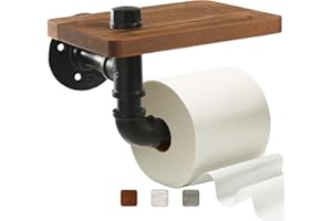 Helntova Industrial Pipe Wall Mounted Toilet Paper Holder with Shelf - Rustic Wood and Metal Bathroom Tissue Roll Holder, Farmhouse Decor for Bathroom-Brown