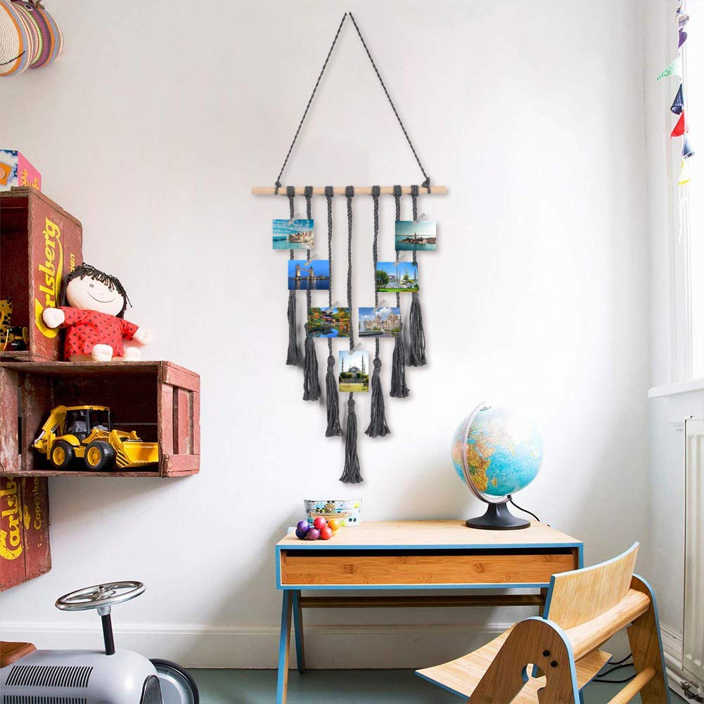 VGOODALL Wall Hanging Photo Display,Macrame Wall Decor Photo Organizer Tassel Wall Hangings Thanksgiving Gift Christmas Decorations(Dark Gray)