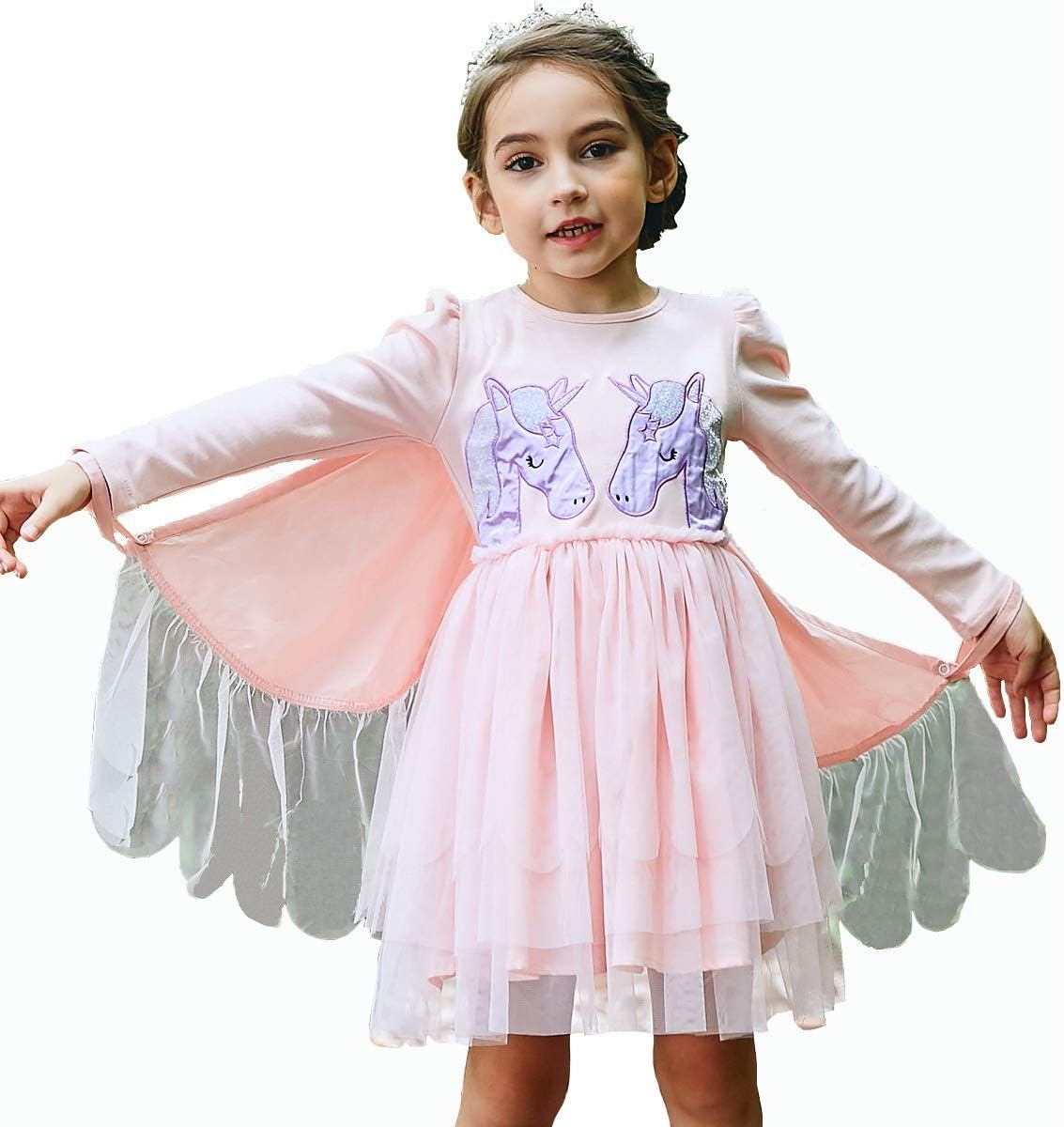Girls Unicorn Tutu Dress Costumes with Removable Angel Wings (Pink, 100cm)
