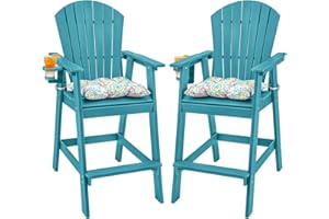 Sundale Outdoor Adirondack Bar Chairs Set of 2, Patio HDPE Bar Stools with Backrest, 30 Inch Seat Height Bistro Tall Dining Counter Barstools with Cushion, All-Weather Pub Height Chairs, Turquoise