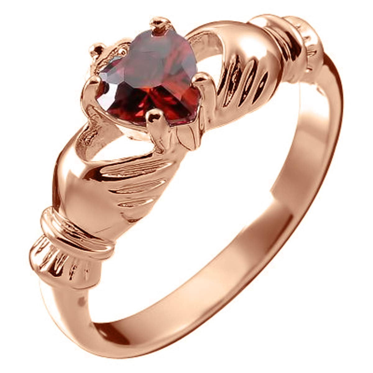 GWG Jewellery 18K Rose Gold Coated Claddagh Love Ring with Ruby Red Heart Stone, Hands, and Crown – 6 in Gift Box for Women