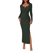 Lazysmile Women's 2026 Fall Long Sleeve Bodycon Maxi Dress | Crew Neck, Button Down, Side Slit, Ribbed Knit Casual Dresses, Party Date Night, Winter Clothing