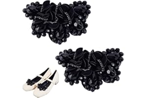 CRAFTYMELODY 2Pcs 1.85Inch Shoe Clips for Women Black Flower Shoe Charms Soft Cloth Shoes Accessories with Crystal Bows Flora