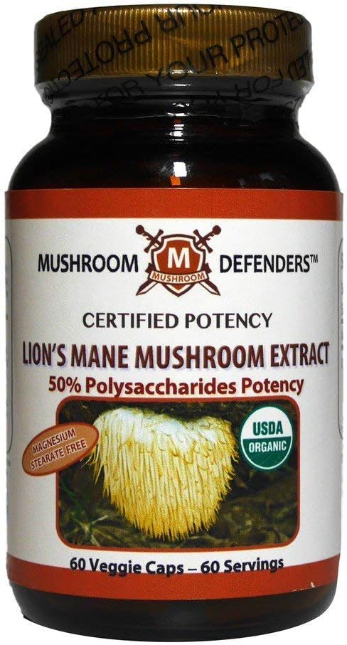 Lion's Mane Mushroom Organic Extract 50% Polysaccharide Potency Mushroom Defenders 60 Veg Cap