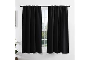 PONY DANCE Kitchen Window Curtains Over Sink, Short Blackout Bathroom Window Curtains, Thermal Insulated Rod Pocket Home Decor Drapes for Bedroom Small Window(2 Panels Set, Black, 42" W x 45" L)