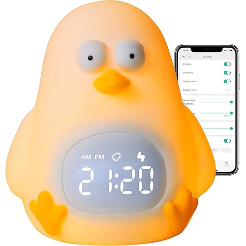 YUN FROG Kids Alarm Clock with Night Light, APP Control, Toddler Sleep Trainer, Wake Up Light Silicone Touch Multi-Color Lights for Bedroom Decor, Cute Chicken