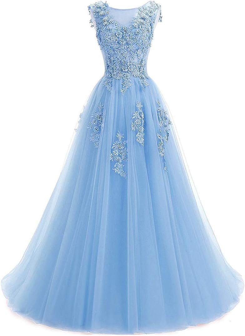 Ever Girl Women's Sweep Lace Appliques Scoop Collar Tulle A-Line Prom Dresses