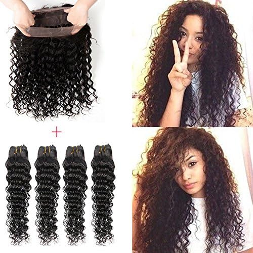 Worldflying Peruvian Deep Curly Virgin Human Hair Weave 4 Bundles with 360 Lace Frontal Closure 100% Virgin Human Hair Extensions 50g/pcs Natural Color (22 22 24 24 with 20" closure)