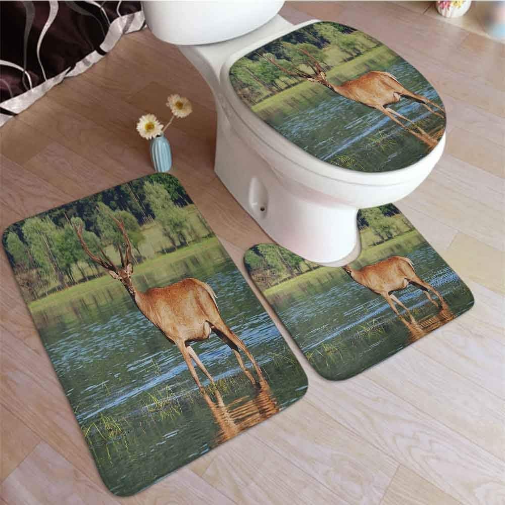 3 Pcs NonSlip Bathroom Rug Set Deer Cute Mountain Deer in The Water with a Forest