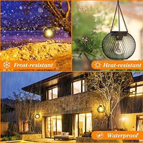 KagoLing Solar Lights for Outdoor Hanging, Pack of 2 Metal Solar Lantern with Retro Large LED Bulb, IP65 Garden Decoration, Weatherproof, Solar Lights Garden with Hook and Chain for Patio, Lawn, Balcony, Yard
