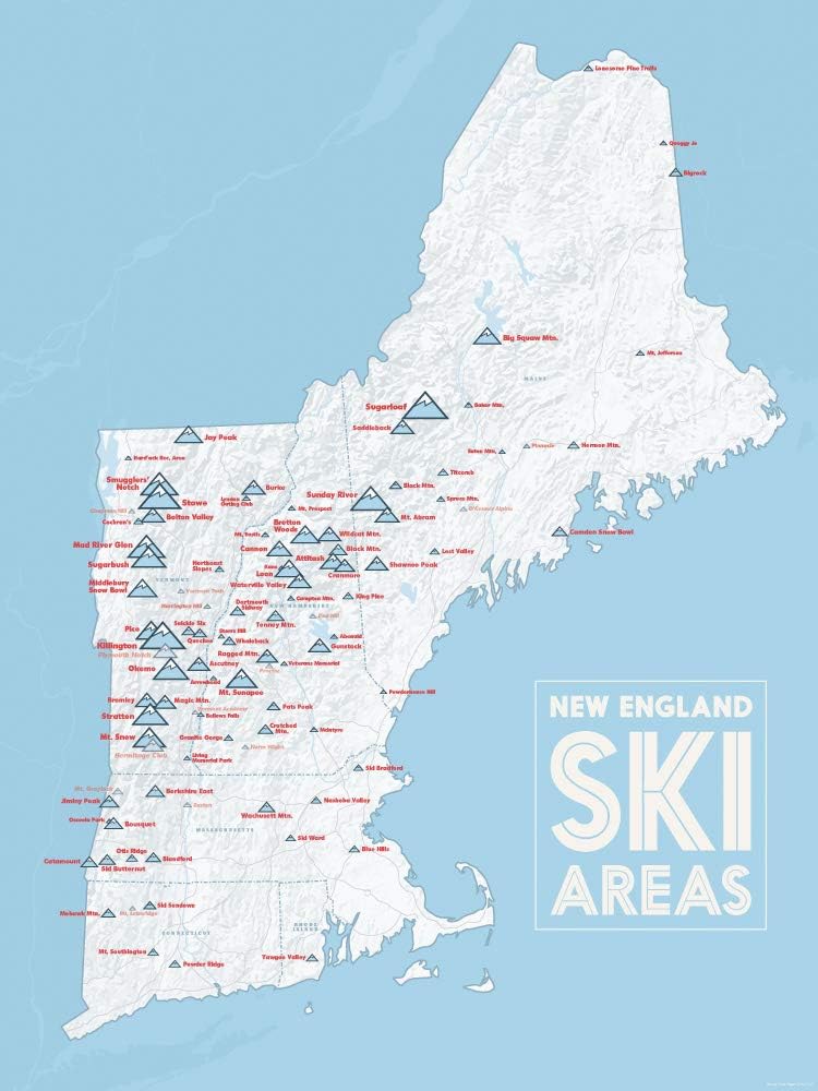 New England Ski Resorts Map 18x24 Poster White Light Blue Amazon In Home Kitchen Ski Resorts New England Map